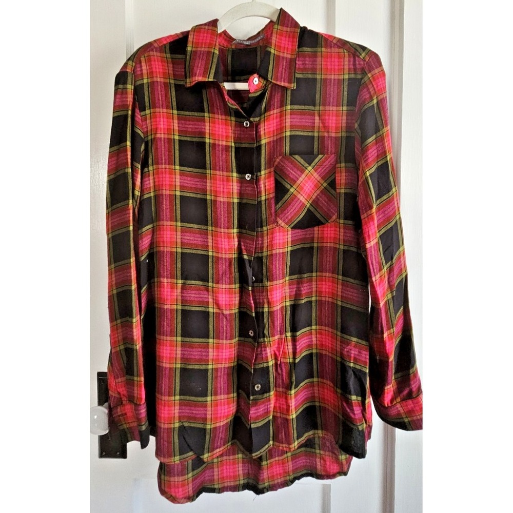 ELLIOTT LAUREN woman Sz 12 button up black red brown plaid shirt